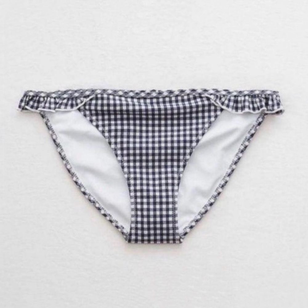 NEW Aerie Gingham Seersucker Ruffle Bikini Bottoms Navy/White